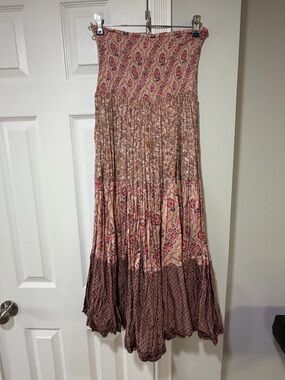 Free People Pink and Brown Bohemian Tiered Maxi Skirt